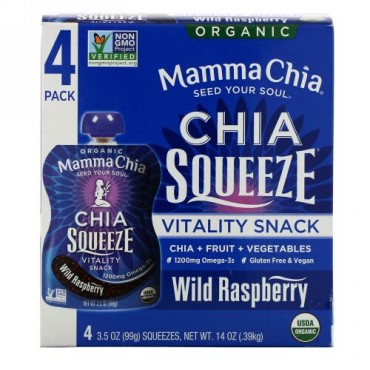 Mamma Chia, オーガニックチアスクイーズ、活力スナック、野生のラズベリー、4スクイーズ、各3.5オンス (99 g) (Discontinued Item)