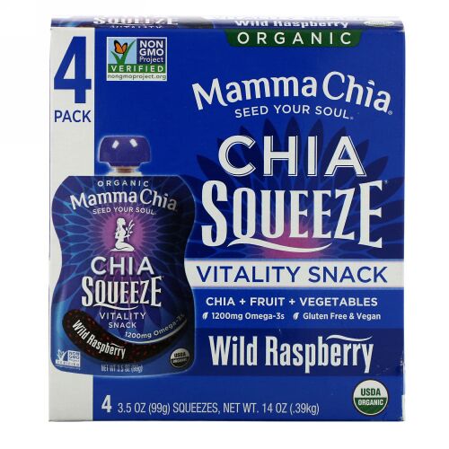Mamma Chia, オーガニックチアスクイーズ、活力スナック、野生のラズベリー、4スクイーズ、各3.5オンス (99 g) (Discontinued Item)