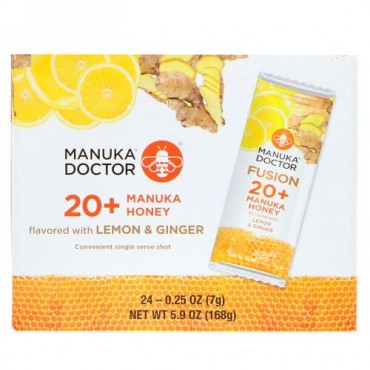 Manuka Doctor, フュージョン20+マヌカハニー、レモン＆ジンジャー、24袋、各7g（0.25オンス）