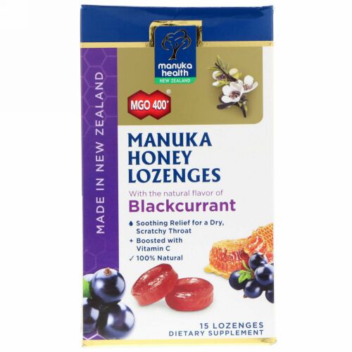 Manuka Health, マヌカハニー薬用キャンディー、クロスグリ、MGO 400+、15個
