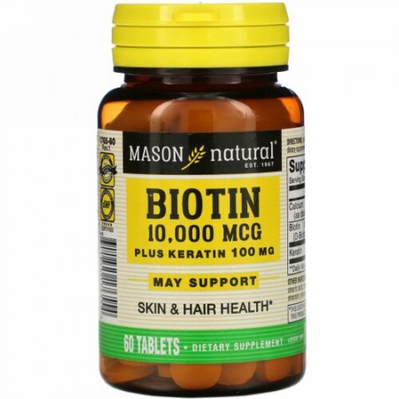 Mason Natural, ビオチンプラスケラチン、10,000 mcg、60粒