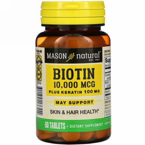 Mason Natural, ビオチンプラスケラチン、10,000 mcg、60粒
