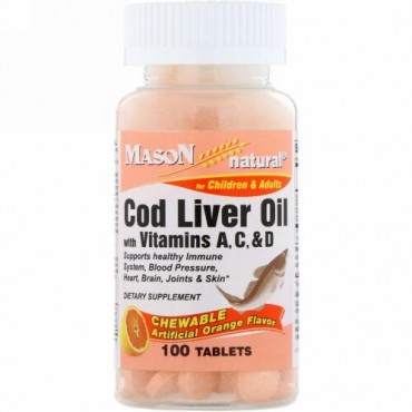 Mason Natural, Chewable Cod Liver Oil with Vitamins A, C, & D, Artificial Orange Flavor, 100 Tablets