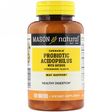 Mason Natural, Chewable Probiotic Acidophilus with Bifidus, Strawberry Flavor, 100 Wafers (Discontinued Item)