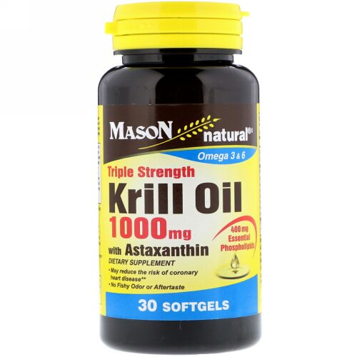 Mason Natural, 効果３倍のアスタキサンチン配合クリルオイル、1000mg、ソフトカプセル30錠 (Discontinued Item)