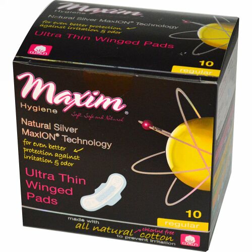 Maxim Hygiene Products, 極薄ウイングパッド、ナチュラルシルバー MaxION®テクノロジー、レギュラー、10パッド