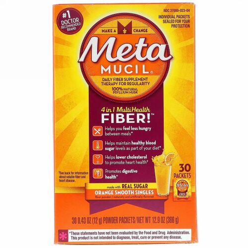 Metamucil, 4イン1マルチヘルスファイバー、オレンジスムーズ、シングルス、30パケット、各0.43オンス (12 g) (Discontinued Item)
