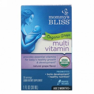 Mommy's Bliss, マルチビタミン、オーガニック滴剤、生後2カ月以上、天然ぶどう風味、1液量オンス (30 ml)