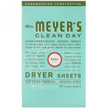 Mrs. Meyers Clean Day, ドライヤーシート、バジルの香り、80 枚 (Discontinued Item)