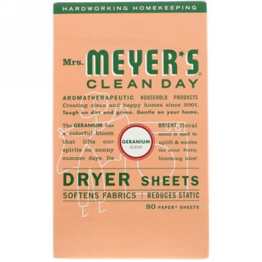 Mrs. Meyers Clean Day, 乾燥機シート（Dryer sheet）, ゼラニウムの香り,  80シート