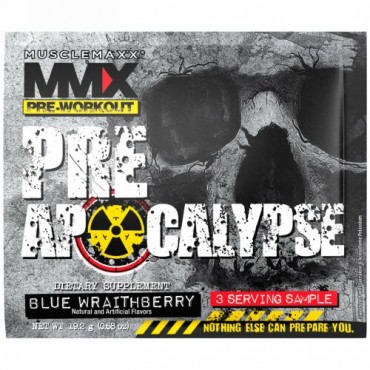 MuscleMaxx, プレアポカリプス、プレワークアウト、アルギニン+タウリン+クレアチン+ベータアラニン、ブルーレイトベリー、3回分サンプル (0.68 oz) (19.2 g) (Discontinued Item)