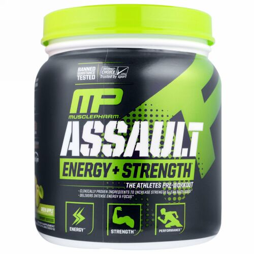 MusclePharm, アソールト、エナジー＋ストレングス、プレワークアウト、グリーンアップル、333 g（11.75 oz）