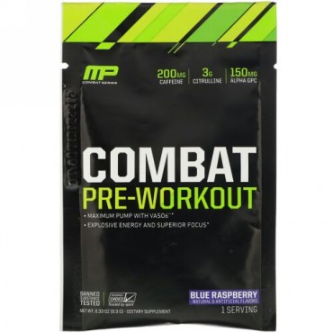 MusclePharm, Combat, Pre-Workout, Blue Raspberry, 0.33 oz (9.3 g) Trial Size  (Discontinued Item)
