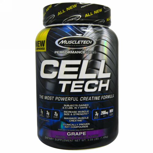 Muscletech, Cell Tech、最もパワフルなクレアチンフォーミュラ、ブドウ、3.09 lbs (1.40 kg) (Discontinued Item)
