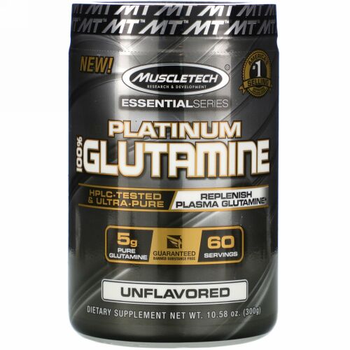 Muscletech, エッセンシャルシリーズ、プラチナ100％グルタミン、無香料、5g、300g（10.58オンス）