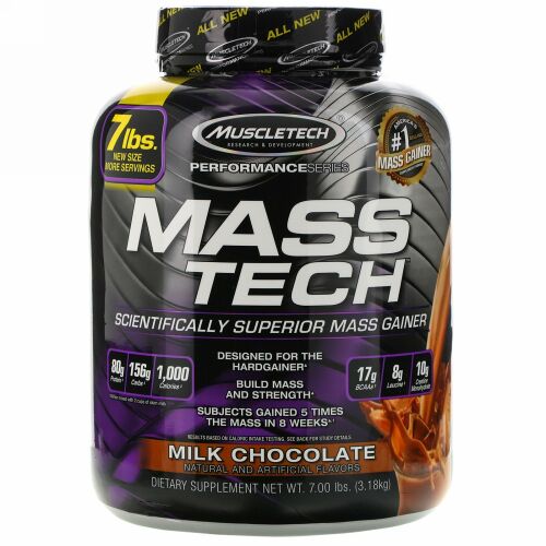 Muscletech, Mass-Tech（マステック）、先進科学技術による筋肉増量用プロテインパウダー、ミルクチョコレート、3.18kg（7ポンド）