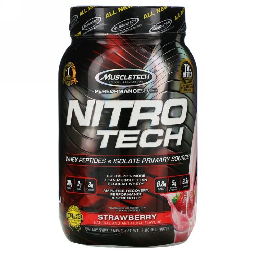 Muscletech, Nitro-Tech（ニトロテック）、ホエイアイソレート＋リーンマッスルビルダー、ストロベリー、907g（2ポンド）