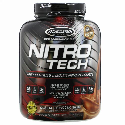 Muscletech, NitroTech（ニトロテック）、ホエイペプチド＆アイソレートプライマリーソース、モカカプチーノスワール、1.81kg（4ポンド）