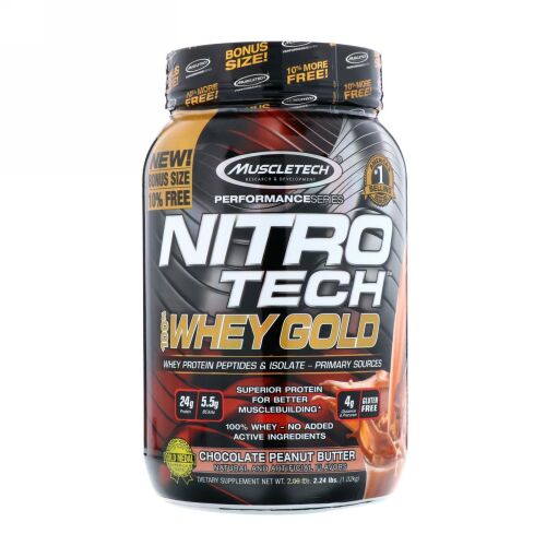 Muscletech, Nitro Tech、100%ホエイゴールド、チョコレート・ピーナッツバター、2.24 lbs (1.02 kg) (Discontinued Item)