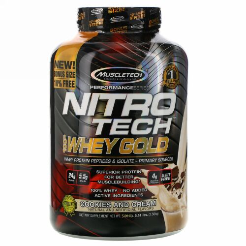 Muscletech, Nitro Tech（ニトロテック）、100％ホエイゴールド、クッキーアンドクリーム、2.51kg（5.53ポンド）