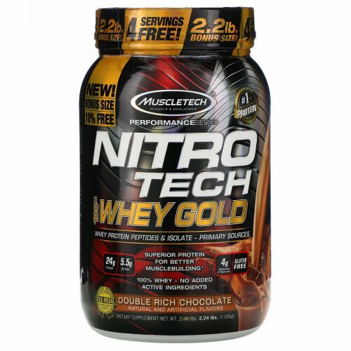 Muscletech, Nitro-Tech（ニトロテック）、100％ホエイゴールド、ダブルリッチチョコレート、1.02kg（2.24ポンド）