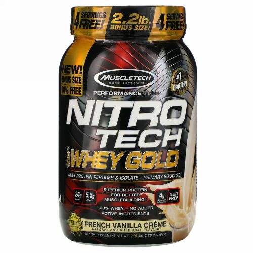 Muscletech, Nitro Tech（ニトロテック）、100％ホエイゴールド、フレンチバニラクリーム、999g（2.2ポンド）