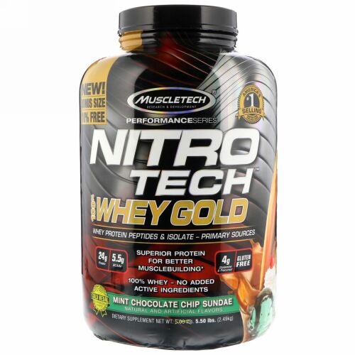Muscletech, Nitro Tech, 100% Whey Gold, Mint Chocolate Chip Sundae , 5.50 lbs (2.49 kg) (Discontinued Item)