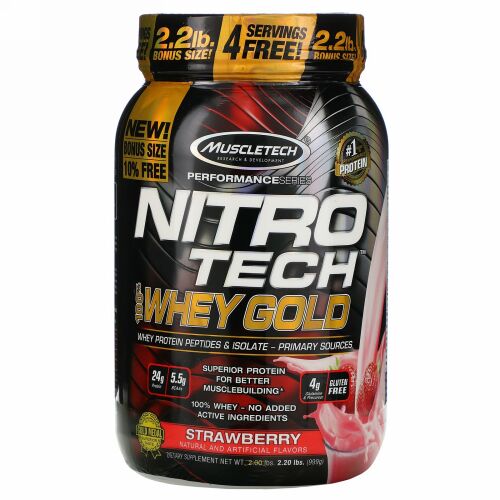 Muscletech, Nitro Tech（ニトロテック）、100％ホエイゴールド、ストロベリー、999g（2.2ポンド）