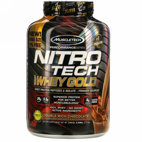 Muscletech, ニトロテック、100％ホエイゴールド、ホエイプロテインパウダー、ダブルリッチチョコレート、2.51kg（5.54液量オンス）