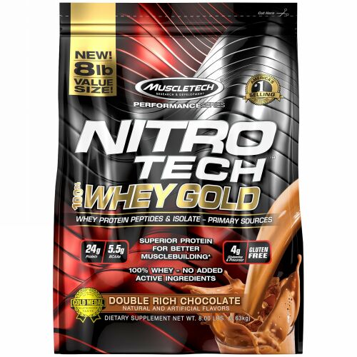 Muscletech, Nitro Tech（ニトロテック）、100％ホエイゴールド、ホエイタンパク質パウダー、ダブルリッチチョコレート、3.63kg（8ポンド）