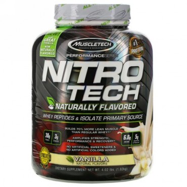 Muscletech, Nitro Tech、天然風味、ホエイペプチド＆アイソレートプライマリーソース、バニラ、1.82kg (Discontinued Item)