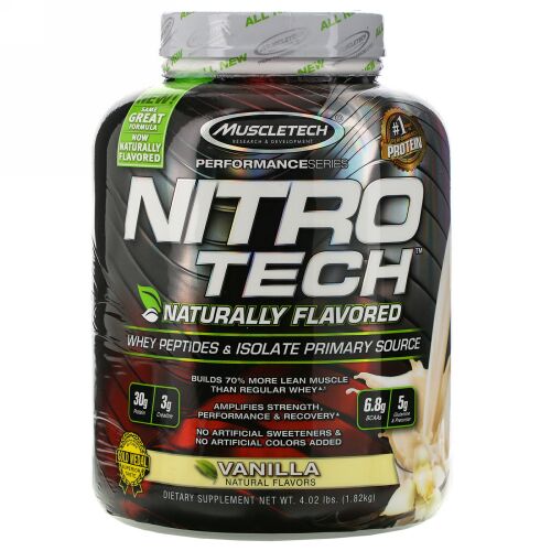 Muscletech, Nitro Tech、天然風味、ホエイペプチド＆アイソレートプライマリーソース、バニラ、1.82kg (Discontinued Item)