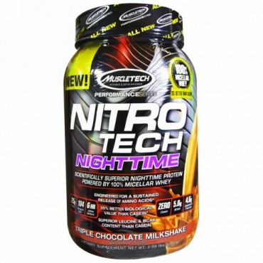 Muscletech, Nitro Tech、Nighttimeプロテイン、トリプルチョコレートミルクシェイク味、2.00ポンド(907 g) (Discontinued Item)