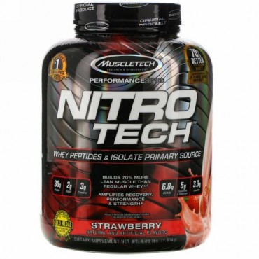 Muscletech, Nitro-Tech（ニトロテック）、ホエイアイソレート＋リーンマッスル、ストロベリー、1.80kg（3.97ポンド）