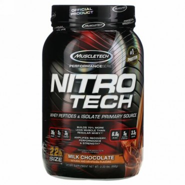 Muscletech, Nitro-Tech（ニトロテック）、ホエイアイソレート＋リーンマッスルビルダー、ミルクチョコレート、907g（2ポンド）