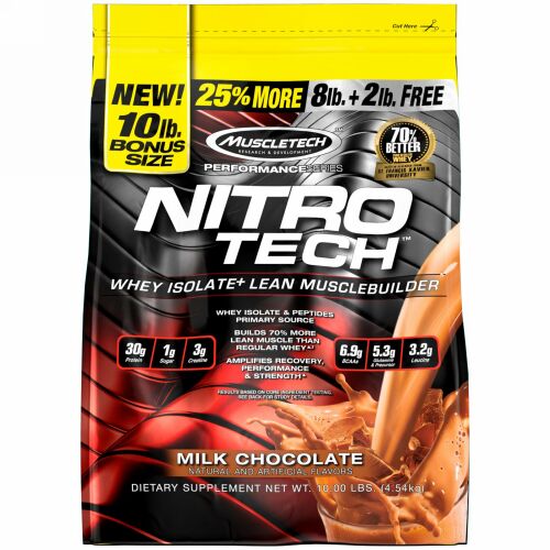 Muscletech, Nitro Tech（ニトロテック）、ホエイペプチド＆アイソレートリーンマッスルビルダーホエイタンパク質粉末、ミルクチョコレート、4.54kg（10ポンド）