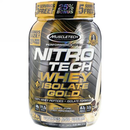 Muscletech, Nitro Tech,  Whey Plus Isolate Gold, Cookies and Cream, 2.01 lbs (913 g) (Discontinued Item)