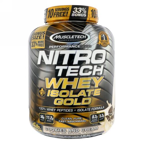 Muscletech, Nitro Tech、ホエイプラスアイソレートゴールド、クッキー&クリーム、4 lbs (1.81 kg) (Discontinued Item)