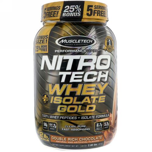 Muscletech, Nitro Tech Whey Plus Isolate Gold, Double Rich Chocolate, 2 lb (907 kg) (Discontinued Item)