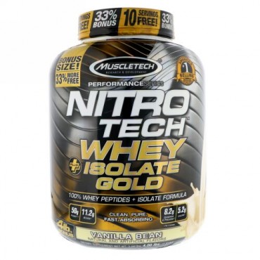 Muscletech, ニトロ・テック, ホエイ・プラス・アイソレート・ゴールド, バニラビーン, 4lb（1.81kg） (Discontinued Item)