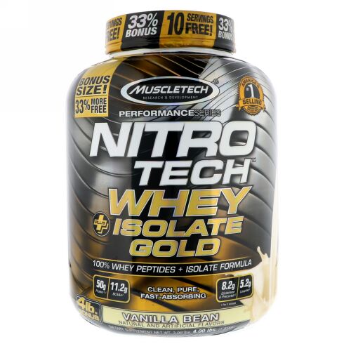 Muscletech, ニトロ・テック, ホエイ・プラス・アイソレート・ゴールド, バニラビーン, 4lb（1.81kg） (Discontinued Item)