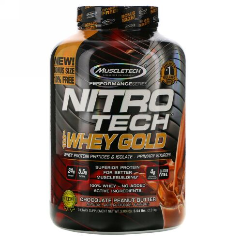 Muscletech, Nitro Tech（ニトロテック）100％ホエイゴールド、チョコレートピーナッツ、2.51kg（5.54ポンド） (Discontinued Item)