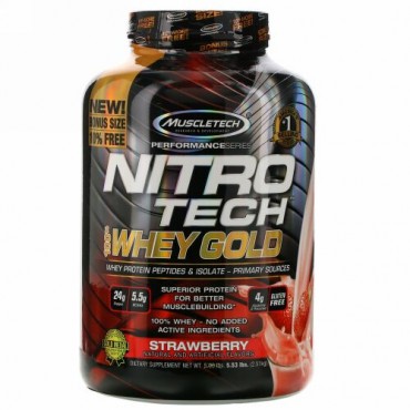 Muscletech, Nitro Tech（ニトロテック）、100％ホエイゴールド、ストロベリー、2.51kg（5.53ポンド）