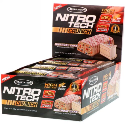 Muscletech, ニトロテック・クランチバー、バースデーケーキ、12本、各2.29オンス（65 g） (Discontinued Item)