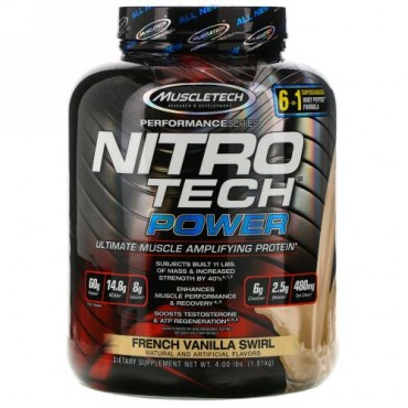 Muscletech, Nitro Tech（ニトロテック）パワー、究極の筋肉増幅タンパク質、フレンチバニラスワール、1.81kg（4ポンド）