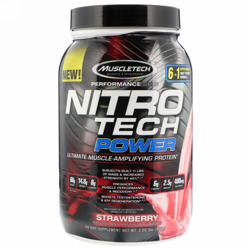 Muscletech, ニトロテクパウダー、究極の筋肉増大プロテイン、ストロベリー、2.00ポンド (907 g) (Discontinued Item)