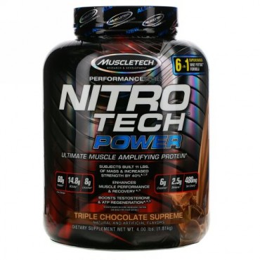 Muscletech, Nitro Tech（ニトロテック）パワー、究極の筋肉増強ホエイタンパク質パウダー、トリプルチョコレートスプリーム、1.81kg（4ポンド）