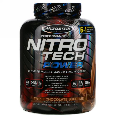 Muscletech, Nitro Tech（ニトロテック）パワー、究極の筋肉増強ホエイタンパク質パウダー、トリプルチョコレートスプリーム、1.81kg（4ポンド）
