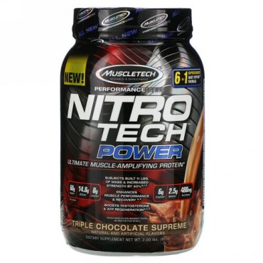 Muscletech, Nitro Tech（ニトロテック）パワー、究極の筋肉増強タンパク質、トリプルチョコレートスプリーム、2ポンド（907g）