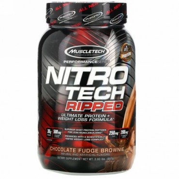 Muscletech, Nitro-Tech（ニトロテック）リップド、究極のタンパク質＋減量成分、チョコレートファッジブラウニー、907g（2ポンド）